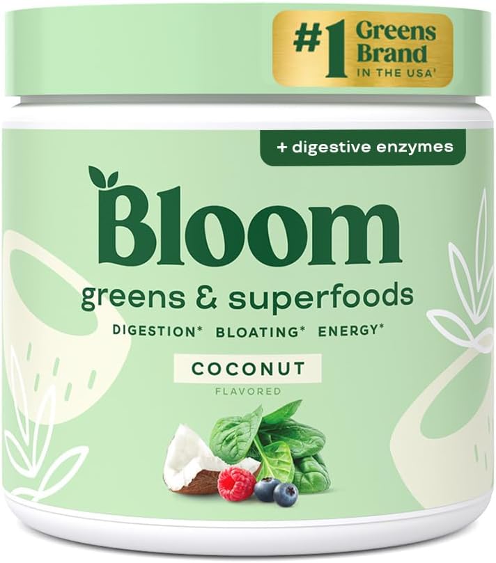 Bloom Nutrition Superfood Greens Powder, Digestive Enzymes with Probiotics and Prebiotics, Gut Health, Bloating Relief for Women, Chlorella, Green Juice Mix with Beet Root Powder, 30 SVG, Coconut