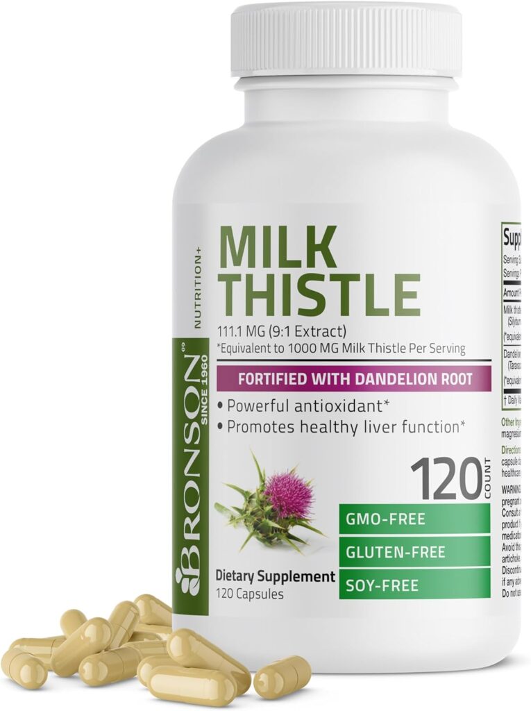 Bronson Milk Thistle Silymarin Marianum  Dandelion Root Liver Health Support, Antioxidant Support, Detox, 120 Capsules