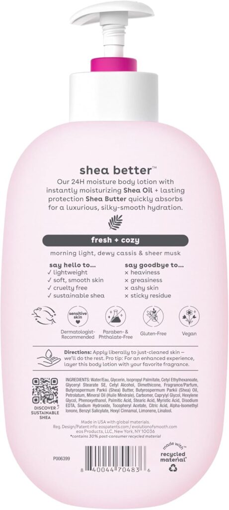 eos Shea Better Body Lotion- Fresh  Cozy, 24-Hour Moisture Skin Care, Lightweight  Non-Greasy, Made with Natural Shea, Vegan, 16 Fl Oz (Pack of 1)