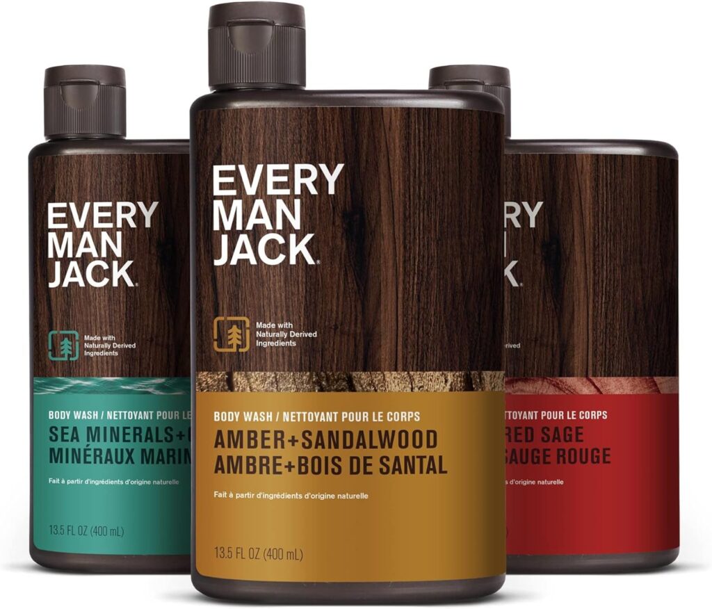 Every Man Jack Mens Body Wash Variety Pack - Includes 3 Body Washes with Natural Ingredients  Incredible Scents - Amber + Sandalwood, Cedar + Red Sage, Sea Minerals + Citron Fragrances