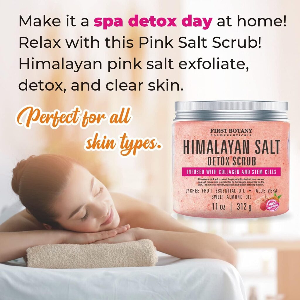 First Botany, Himalayan Salt Body Scrub with Collagen  Stem Cells, Natural Exfoliating Salt Scrub Body  Face Souffle helps with Moisturizing Skin, Acne, Cellulite, Dead Skin Scars, Wrinkles, 11 oz