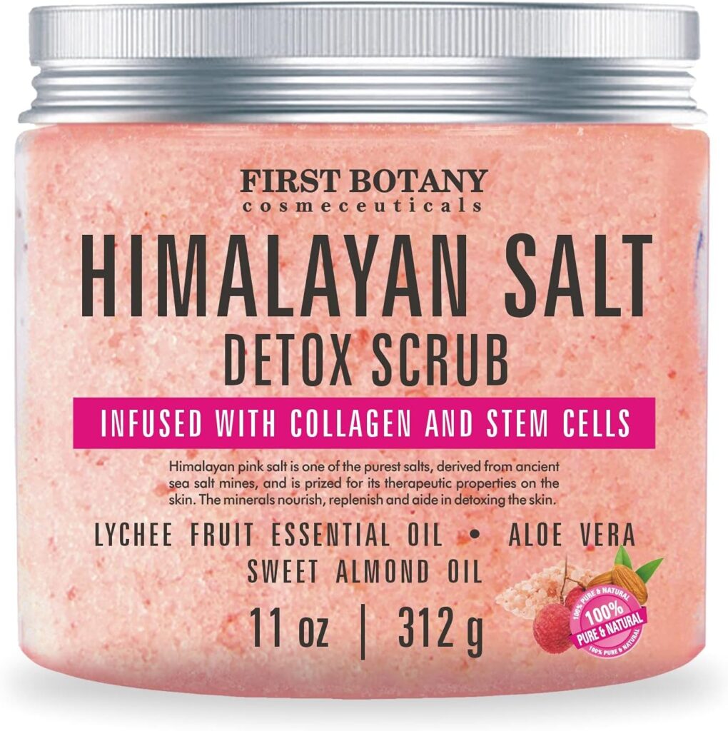 First Botany, Himalayan Salt Body Scrub with Collagen  Stem Cells, Natural Exfoliating Salt Scrub Body  Face Souffle helps with Moisturizing Skin, Acne, Cellulite, Dead Skin Scars, Wrinkles, 11 oz