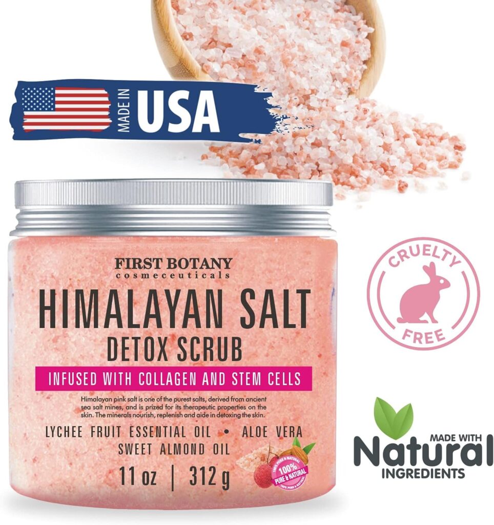 First Botany, Himalayan Salt Body Scrub with Collagen  Stem Cells, Natural Exfoliating Salt Scrub Body  Face Souffle helps with Moisturizing Skin, Acne, Cellulite, Dead Skin Scars, Wrinkles, 11 oz