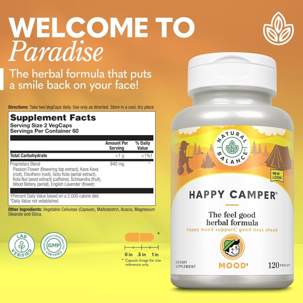 Natural Balance Happy Camper - Feel-Good Mood Support Supplement - Gotu Kola, Passion Flower, and Kava Kava Capsules - 60-Day Guarantee (30 Servings, 60 VegCaps)