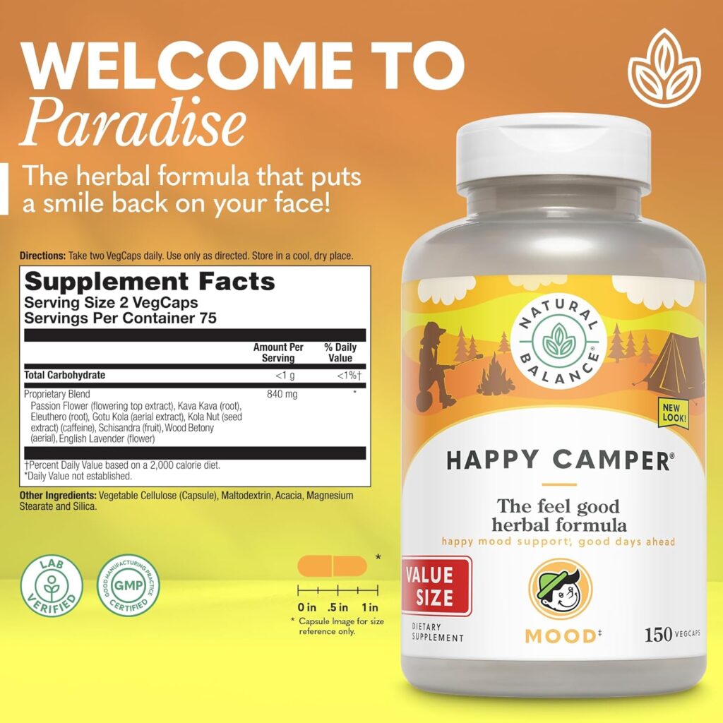 Natural Balance Happy Camper - Feel-Good Mood Support Supplement - Gotu Kola, Passion Flower, and Kava Kava Capsules - 60-Day Guarantee (30 Servings, 60 VegCaps)