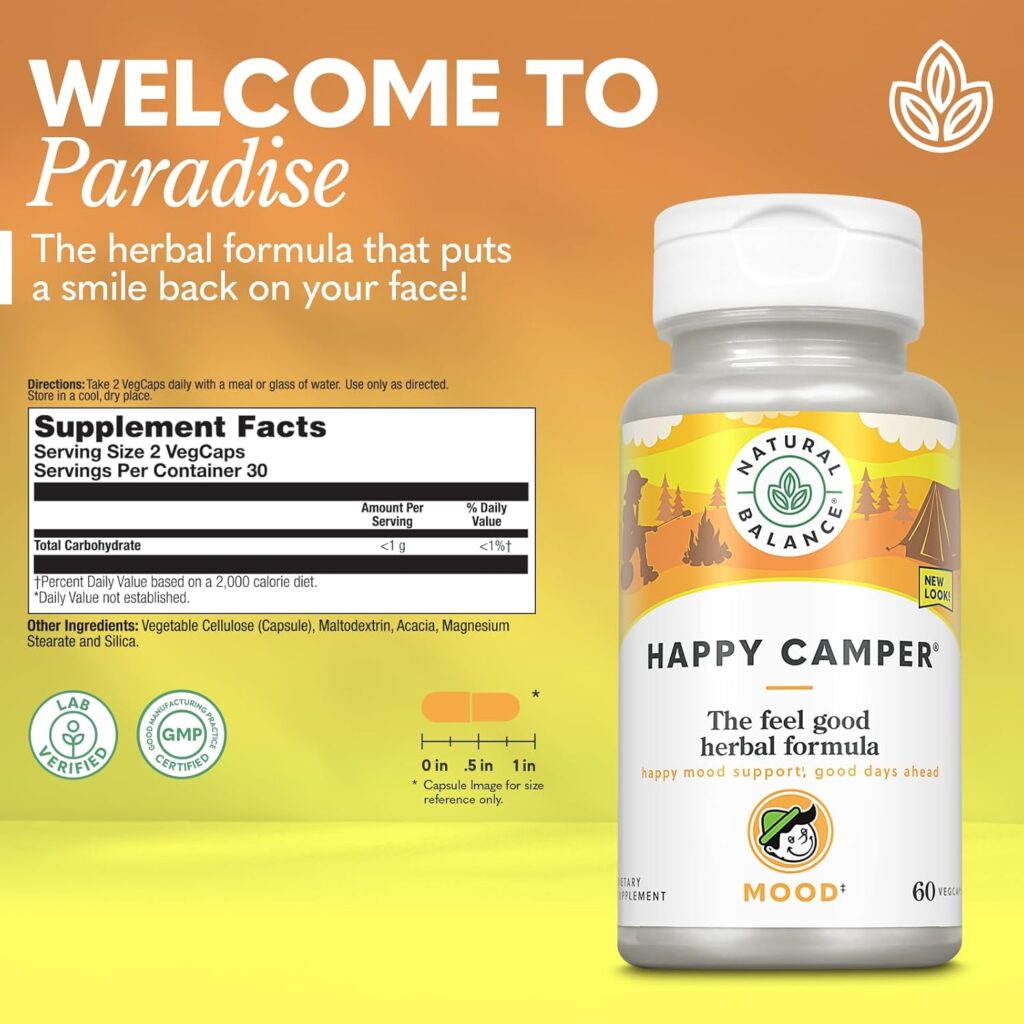 Natural Balance Happy Camper - Feel-Good Mood Support Supplement - Gotu Kola, Passion Flower, and Kava Kava Capsules - 60-Day Guarantee (30 Servings, 60 VegCaps)