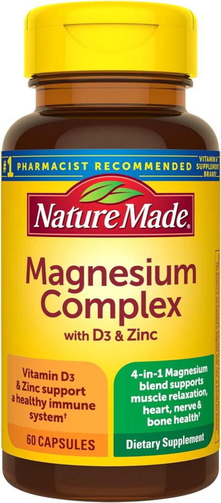 Nature Made Magnesium Complex with Vitamin D and Zinc Supplements, Magnesium Supplement for Muscle, Nerve, Heart  Bone Support with Vitamin D3  Zinc for Immune Support, 60 Capsules, 30 Day Supply