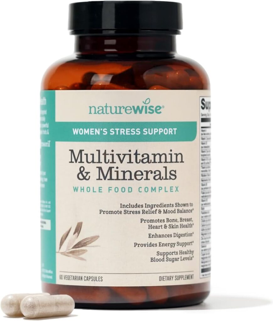 NatureWise Multivitamin for Women + Stress Support + B-Complex + Vitamin C + D3 K2 for Immunity, Hair, Skin  Nails, Digestion + Whole Organic Foods - Vegetarian, Non-GMO - 60 Capsules[1-Month Supply]