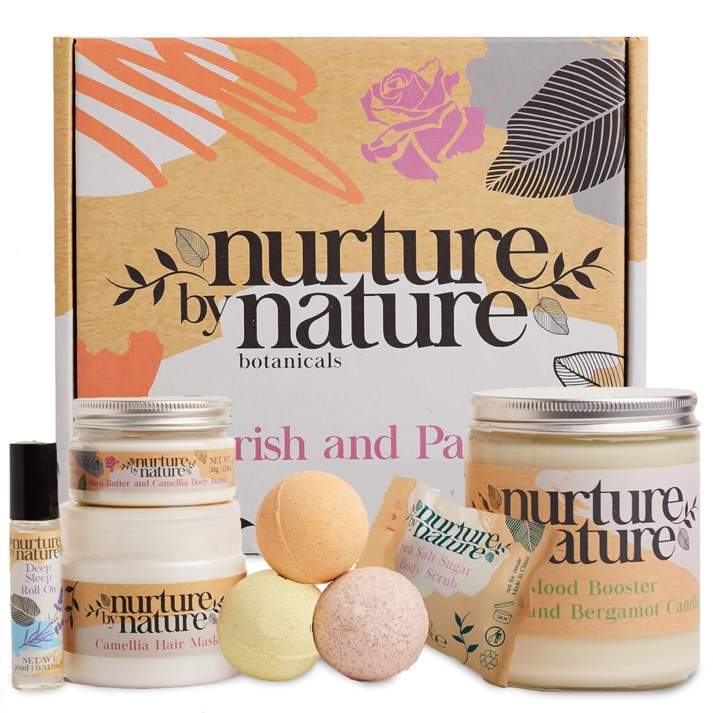 Nurture by Nature Pamper Bath Set - Natural Bath Gift Set for Women - At Home Spa Basket, Bath  Shower Sets - 3X Bath Bomb, Sugar Salt Body Scrub, Lavender Roll On - Ideal Bath Sets for Women Gift