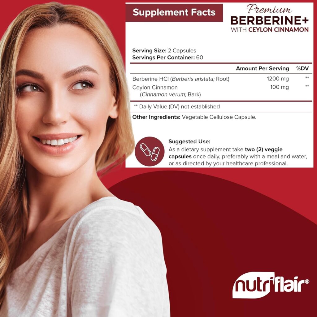 NutriFlair Premium Berberine HCL 1200mg, 120 Capsules - plus Pure True Ceylon Cinnamon, Berberine HCI Root Supplements Pills - immune system, healthy weight management