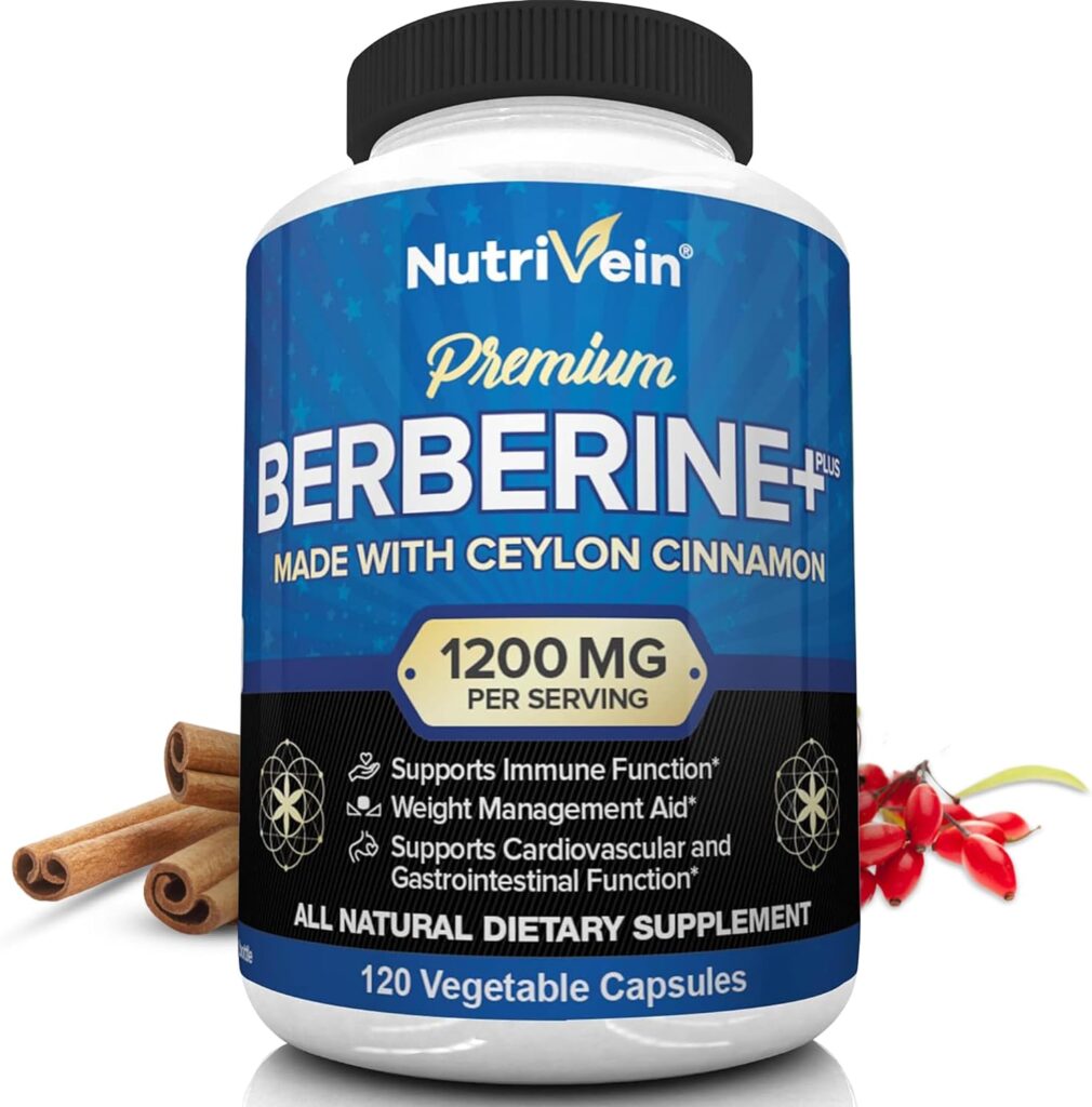 Nutrivein Premium Berberine HCL 1200mg Plus Organic Ceylon Cinnamon - 120 Capsules - Supports Immune System, Weight Management - Berberine HCI Supplement