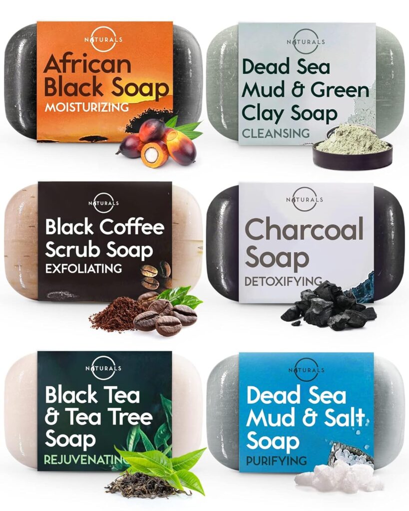 O Naturals 6 PCS Black Soap - Women  Mens Bar Soap, Fathers Day Gifts, Mens Soap Bar, African Black Soap w/Moisturizing Shea Butter, Charcoal Soap, Organic  Natural Soap for Men  Women, 4oz