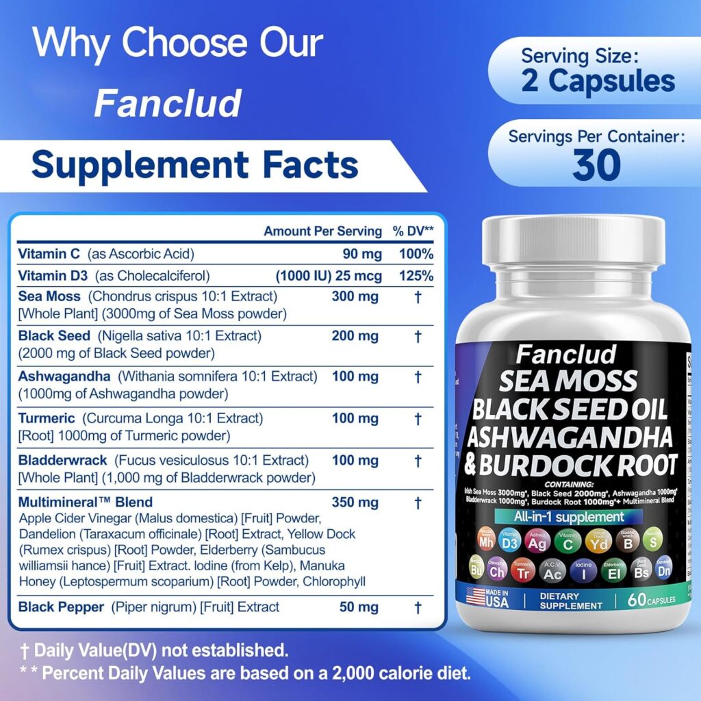 Sea Moss 3000mg Black Seed Oil 2000mg Ashwagandha 1000mg Turmeric 1000mg Bladderwrack 1000mg Burdock 1000mg  Vitamin C  D3 with Elderberry Manuka Dandelion Yellow Dock Iodine Chlorophyll ACV