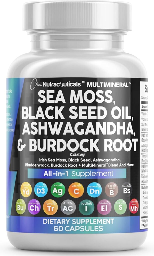 Sea Moss 3000mg Black Seed Oil 2000mg Ashwagandha 1000mg Turmeric 1000mg Bladderwrack 1000mg Burdock 1000mg  Vitamin C  D3 with Elderberry Manuka Dandelion Yellow Dock Iodine Chlorophyll ACV