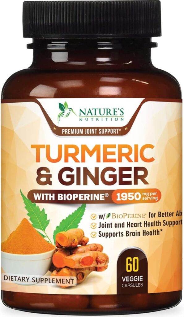 Turmeric Curcumin with BioPerine  Ginger 95% Curcuminoids 1950mg - Black Pepper Extract for Max Absorption, Natures Joint Support Supplement, Herbal Turmeric Pills, Vegan Non-GMO - 60 Capsules