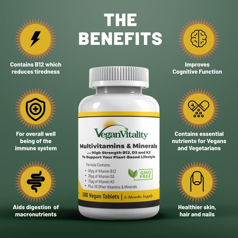 Vegan Multivitamins  Minerals for Women and Men with High Strength Vitamin B12, D3  K2. 180 Multivitamin Tablets - 6 Months Supply. Vitamins for Vegans  Vegetarians