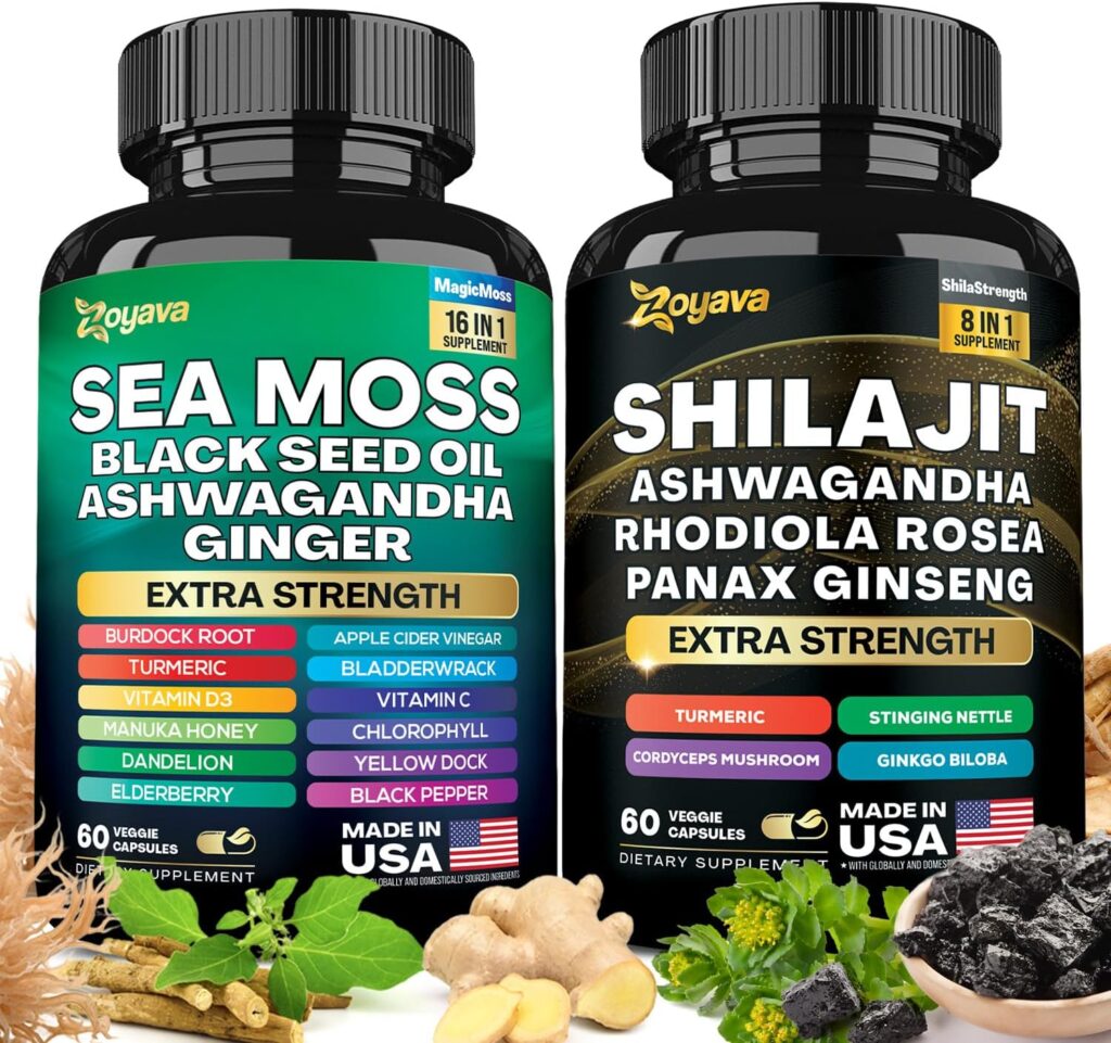 Zoyava Dynamic Vitality Bundle - Sea Moss 7000mg, Black Seed Oil 4000mg, Ashwagandha 2000mg, Ginger  Shilajit 9000mg, Rhodiola Rosea 1000mg, Panax Ginseng 1500mg, All in 1 Supplements (60 Count)